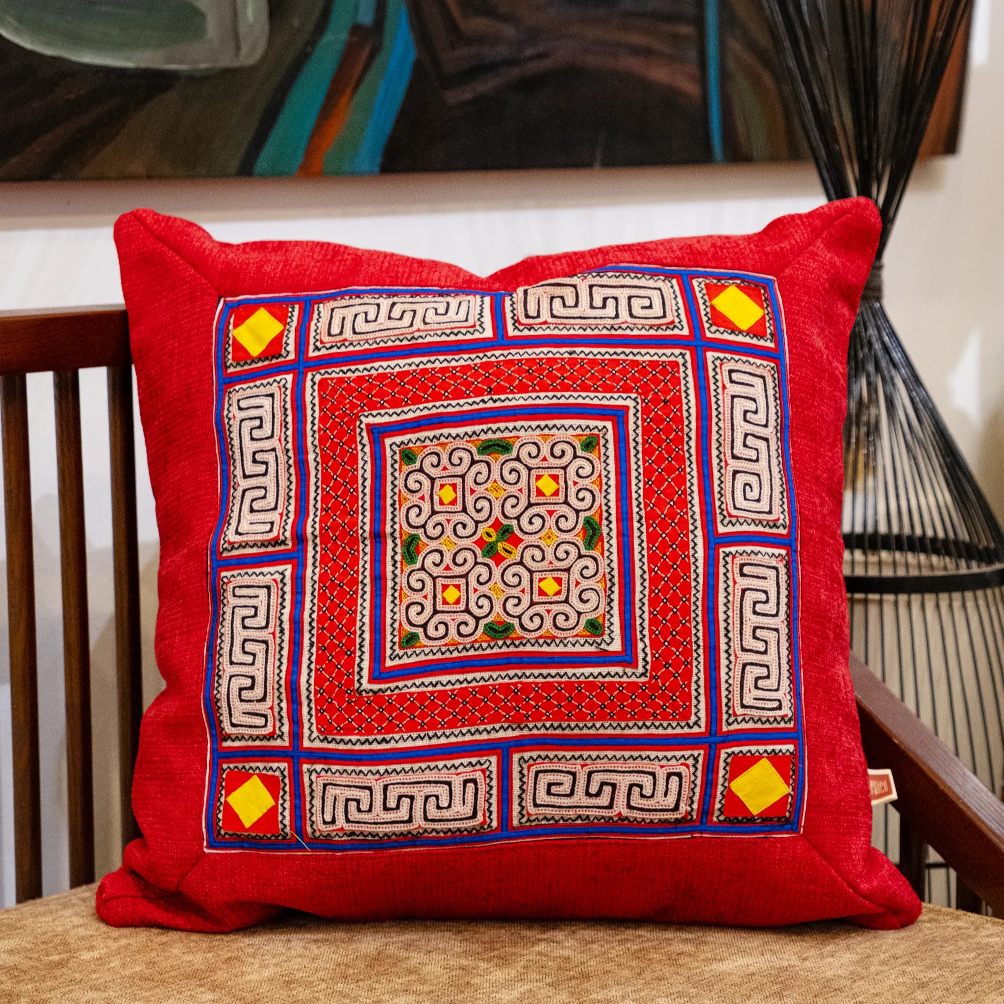 Flower Hmong Red Brocade Cushion Cover