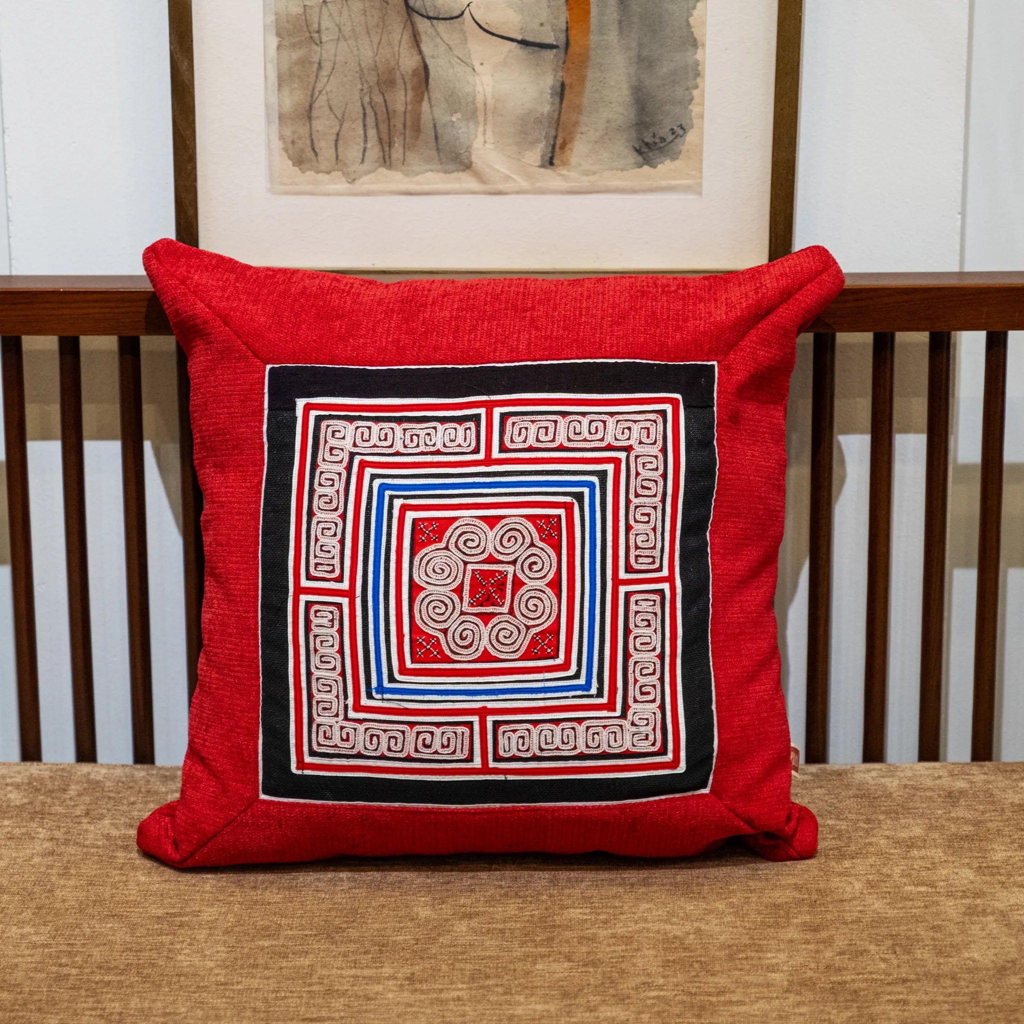 Flower Hmong Red Brocade Cushion Cover