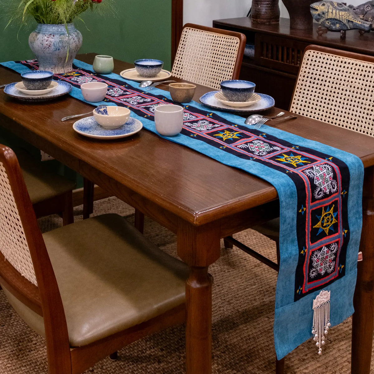 Green Hmong Black Brocade Table Runner